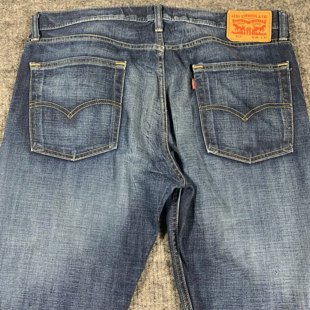 Levis 513 Slim Straight Jeans Mens 36x32 Blue Dark Wash Denim Casual Classic - Picture 12 of 13